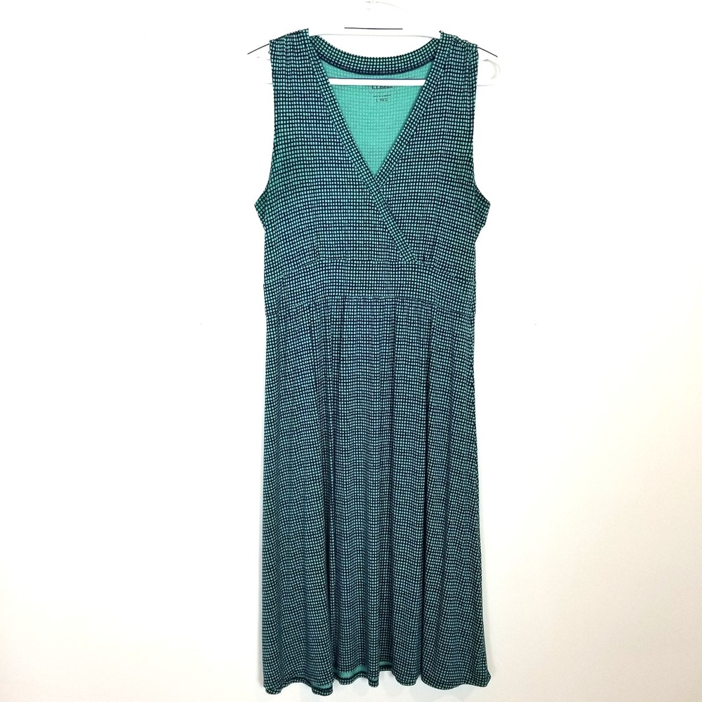 L.L. Bean Women Faux Wrap Dress Sz  L Reg  Wrap Athletic Outdoor‎ Green Printed